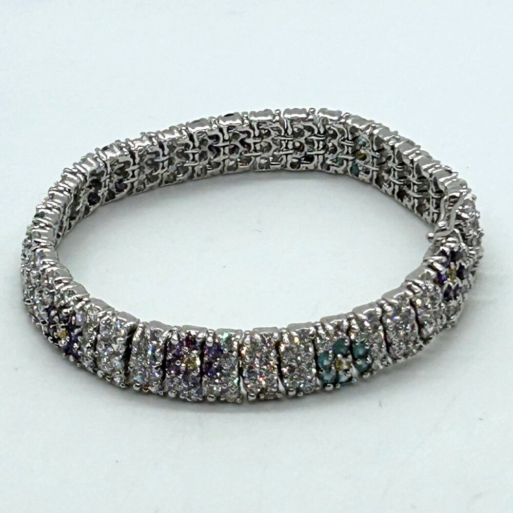 Vintage Rhinestone Tennis Bracelet Multicolor Flower Design W/ Safety Clasp 7.5" - Picture 4 of 16